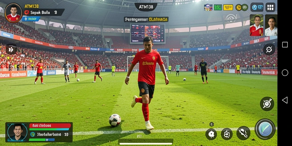 Screenshot gameplay ATM138 dengan aksi sepak bola yang mendebarkan.
