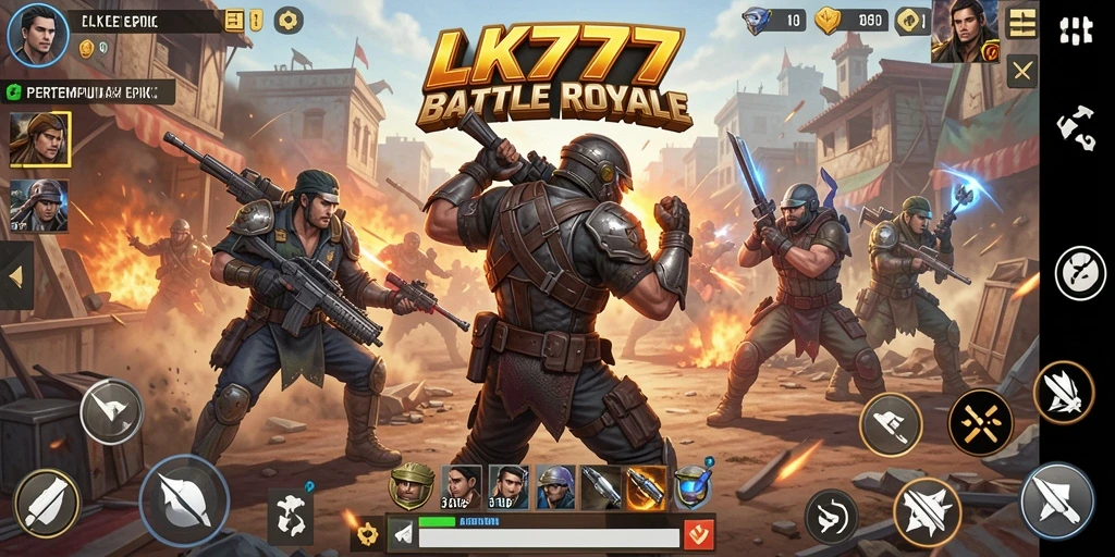 Screenshot LK777 menampilkan pertempuran intens di medan pertempuran Battle Royale.